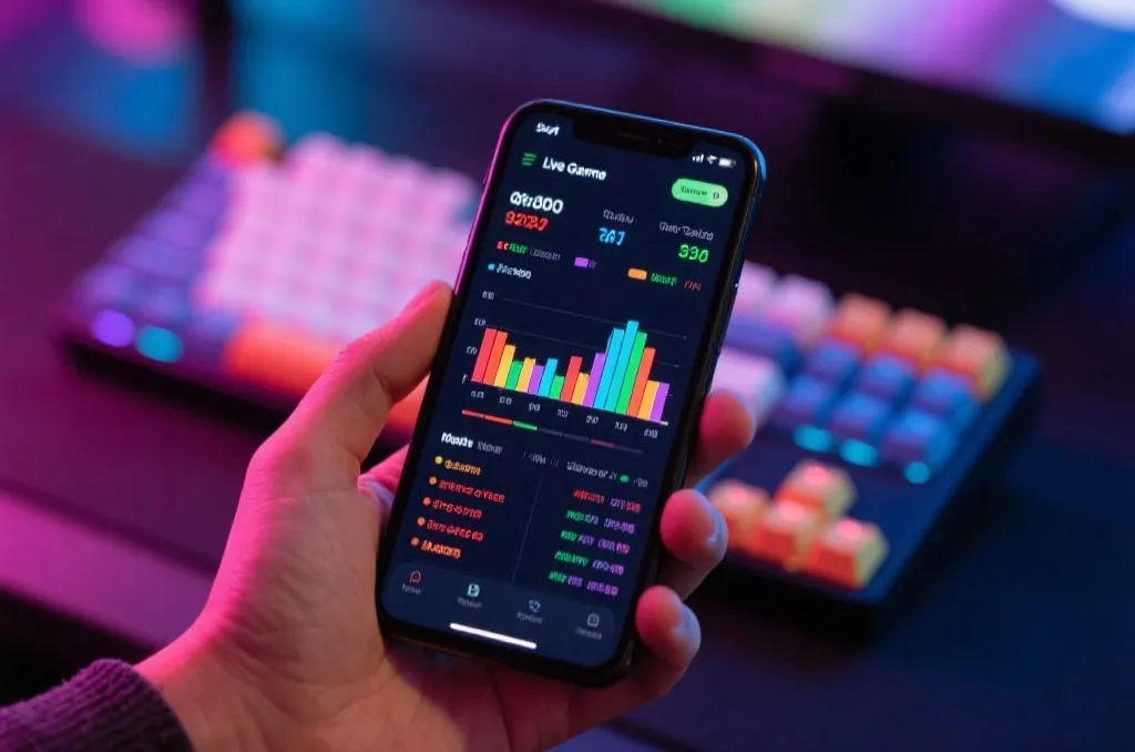 A close-up shot of a modern smartphone displaying colorful live game statistics graphs and charts